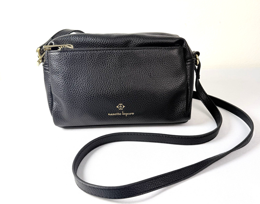 Nanette Lepore Black Pebbled Faux Leather Crossbody Bag Adjustable Strap